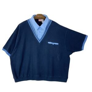 DUKE HABAND Polo Sweater 4X Blue Collared Short-Sleeve Rib Detail Cotton Blend